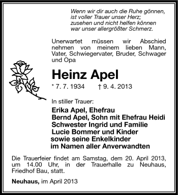 Traueranzeige von Heinz Apel von Südthüringer Presse
