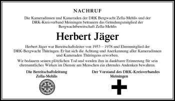 Traueranzeige von Herbert Jäger von Südthüringer Presse
