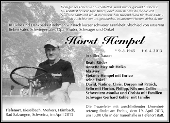 Traueranzeige von Horst Hempel von Südthüringer Presse