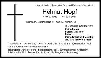 Traueranzeige von Helmut Hopf von Frankenpost