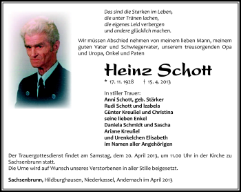 Traueranzeige von Heinz Schott von Südthüringer Presse