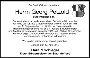 Traueranzeige von Georg Petzold von Frankenpost