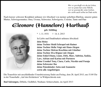 Traueranzeige von Eleonore Harthauß von Südthüringer Presse