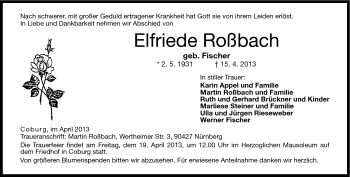 Traueranzeige von Elfriede Roßbach von Neue Presse Coburg
