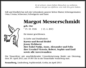 Traueranzeige von Margot Messerschmidt von Südthüringer Presse