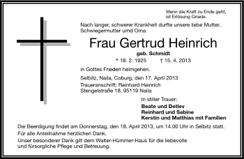 Traueranzeige von Gertrud Heinrich von Frankenpost