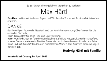 Traueranzeige von Max Härtl von Neue Presse Coburg
