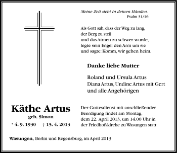 Traueranzeige von Käthe Artus von Südthüringer Presse
