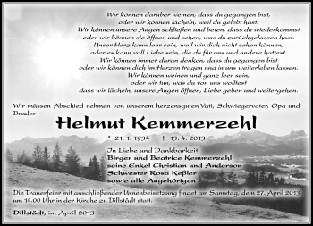 Traueranzeige von Helmut Kemmerzehl von Südthüringer Presse