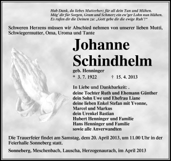 Traueranzeige von Johanne Schindhelm von Südthüringer Presse