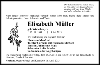 Traueranzeige von Elisbeth Müller von Südthüringer Presse