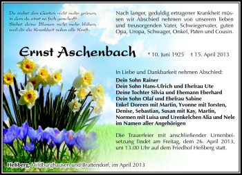 Traueranzeige von Ernst Aschenbach von Südthüringer Presse