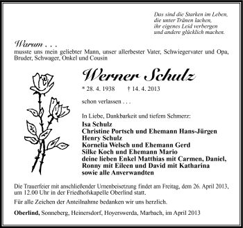 Traueranzeige von Werner Schulz von Südthüringer Presse