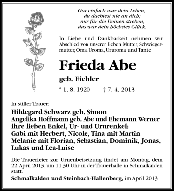Traueranzeige von Frieda Abe von Südthüringer Presse