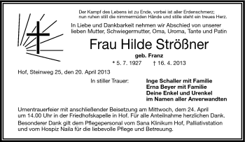 Traueranzeige von Hilde Strößner von Frankenpost
