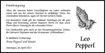 Traueranzeige von Leo Pepperl von Südthüringer Presse