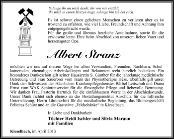 Traueranzeige von Albert Stranz von Südthüringer Presse