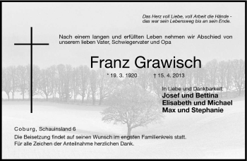 Traueranzeige von Franz Grawisch von Neue Presse Coburg