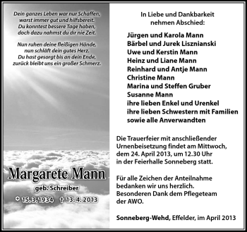 Traueranzeige von Margarete Mann von Südthüringer Presse