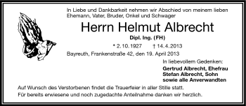 Traueranzeige von Helmut Albrecht von Frankenpost