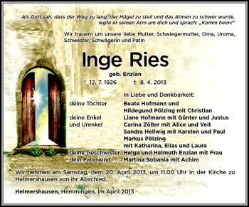 Traueranzeige von Inge Ries von Südthüringer Presse