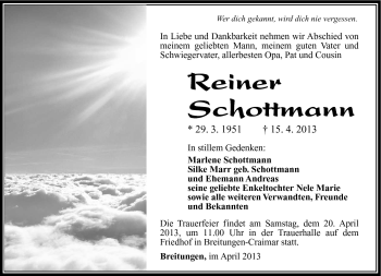 Traueranzeige von Reiner Schottmann von Südthüringer Presse