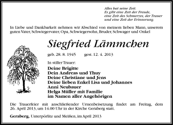 Traueranzeige von Siegfrie Lämmchen von Südthüringer Presse