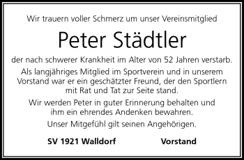 Traueranzeige von Peter Städtler von Südthüringer Presse