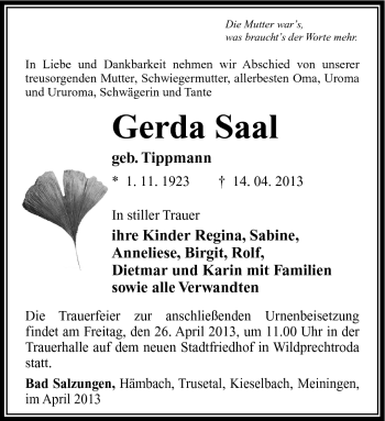 Traueranzeige von Gerda Saal von Südthüringer Presse
