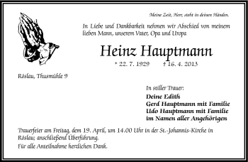 Traueranzeige von Heinz Hauptmann von Frankenpost