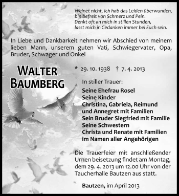 Traueranzeige von Walter Baumberg von Südthüringer Presse