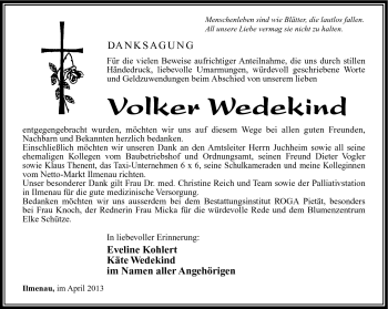 Traueranzeige von Volker Wedekind von Südthüringer Presse