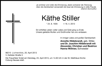 Traueranzeige von Käthe Stiller von Neue Presse Coburg