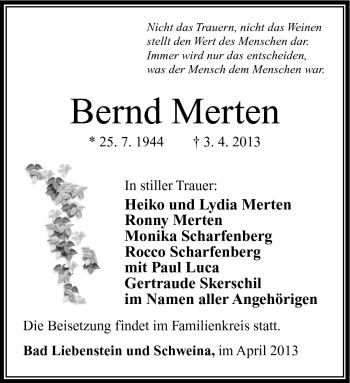 Traueranzeige von Bernd Merten von Südthüringer Presse