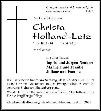 Traueranzeige von Christa Holland-Letz von Südthüringer Presse