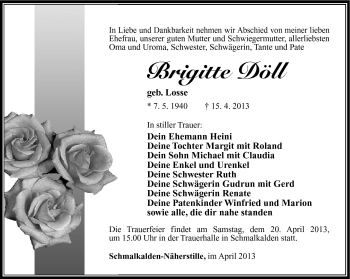Traueranzeige von Brigitte Döll von Südthüringer Presse