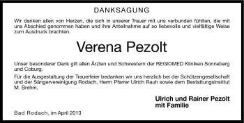 Traueranzeige von Verena Pezolt von Neue Presse Coburg