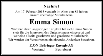 Traueranzeige von Emma Simon von Südthüringer Presse