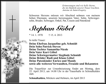Traueranzeige von Stephan Göbel von Südthüringer Presse