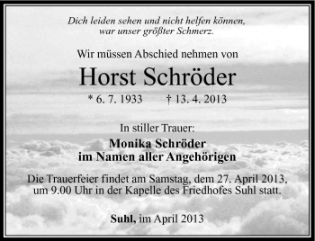 Traueranzeige von Horst Schröder von Südthüringer Presse