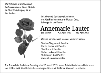 Traueranzeige von Annemarie Lauter von Neue Presse Coburg