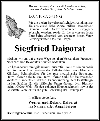 Traueranzeige von Siegfried Daigorat von Südthüringer Presse