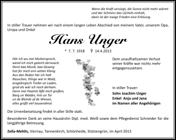 Traueranzeige von Hans Unger von Südthüringer Presse