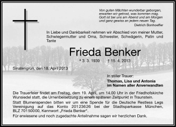 Traueranzeige von Frieda Benker von Frankenpost
