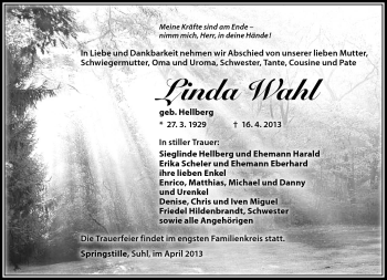 Traueranzeige von Linda Wahl von Südthüringer Presse