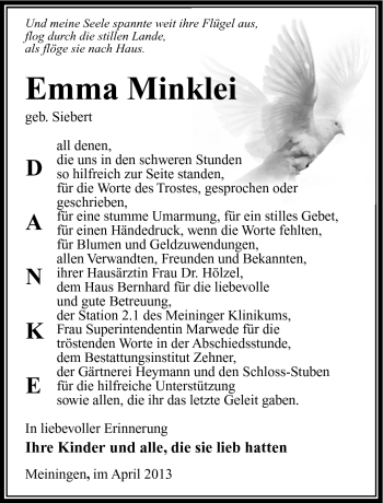 Traueranzeige von Emma Minklei von Südthüringer Presse