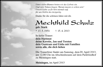 Traueranzeige von Mechthild Schulz von Südthüringer Presse