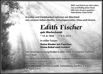 Traueranzeige von Edith Fischer von Südthüringer Presse