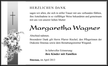 Traueranzeige von Margaretha Wagner von Südthüringer Presse