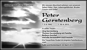 Traueranzeige von Peter Gerstenberg von Südthüringer Presse